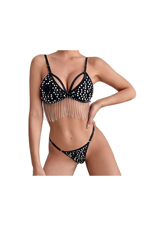 liaddkv Ensemble de lingerie sexy pour femme - Soutien-gorge en dentelle et culotte - Bralette - Tenue de nuit, Noir , L