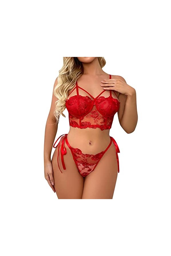 liaddkv Ensemble de lingerie pour femme avec bralette et culotte à lanières, rouge, M