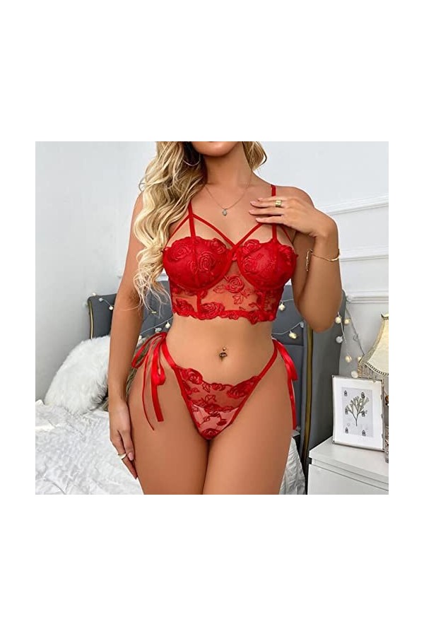 liaddkv Ensemble de lingerie pour femme avec bralette et culotte à lanières, rouge, M
