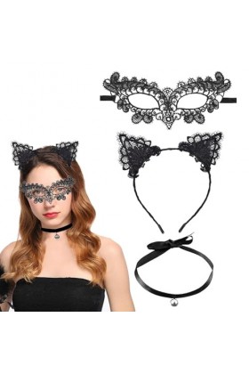 DEARBAG 3 Pièces Bandeau a Cheveux Chat Déguisement de Chat Sexy Masque Deguisement Femme Sexy Mascarade Masque Halloween Col