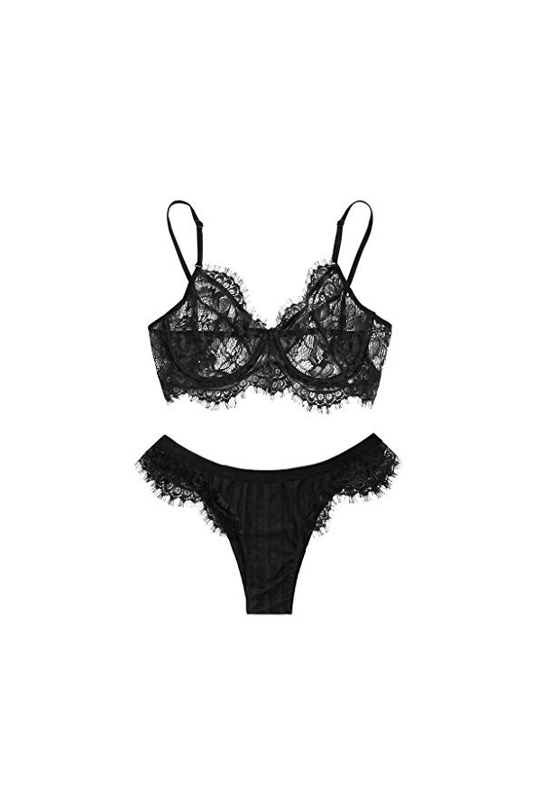 UOWEG Dentelle Lingerie Soutien-Gorge sans Fil Femmes sous-vêtements vêtements de Nuit String évider String Sexy Black, XXL 