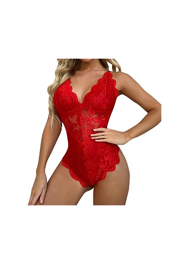 Ensemble de sous-vêtements sexy à col en V pour femme, rouge, M