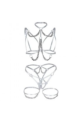 Deshabillé Body Combinaison Col V Profond Lingerie Lingerie érotique Sexy poitrine exposée sangle métal chaîne jarretelle déc