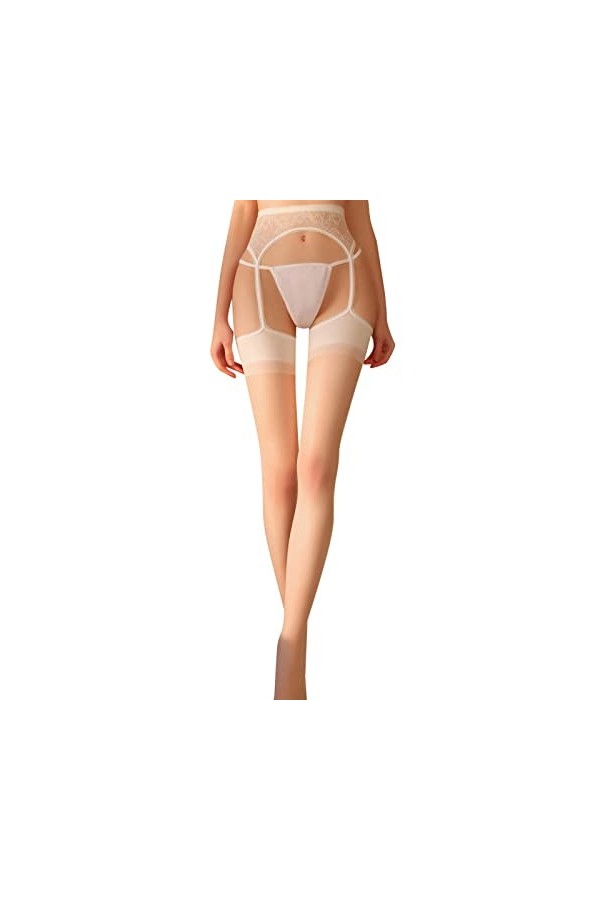 Porte-jarretelles en dentelle pour femme - 4 sangles avec bas pour cuisses - Lingerie élégante - Bas épais pour femme, blanc,