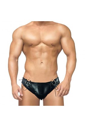 PTLLEND Ouverte Entrejambe Hommes Coupe ajustée en Cuir laqué Taille Basse Bouton G String Pantalon T Pantalon Lingerie Sexy 