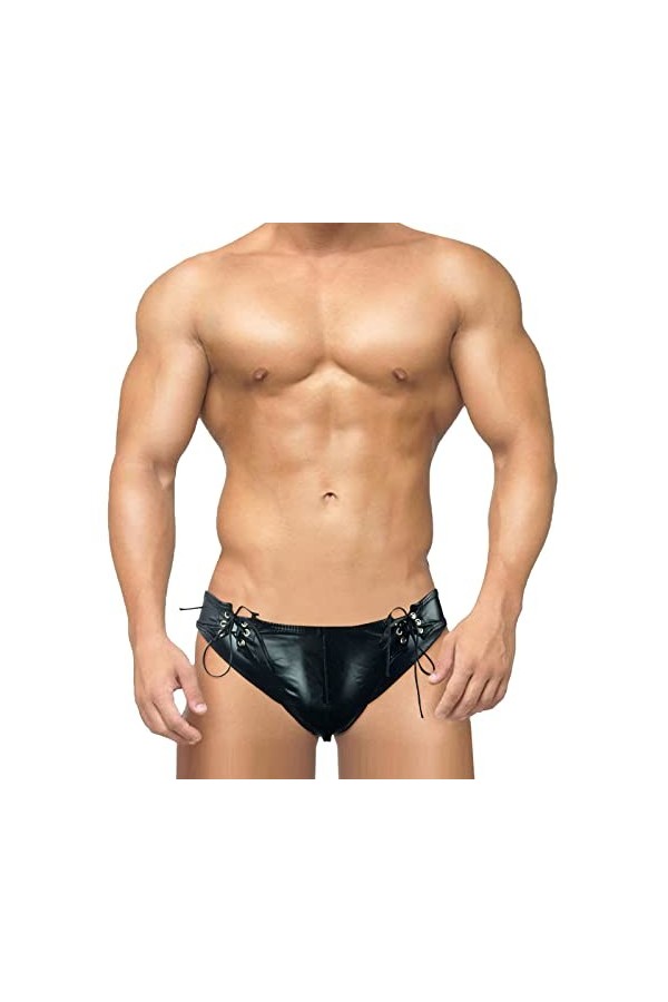 PTLLEND Ouverte Entrejambe Hommes Coupe ajustée en Cuir laqué Taille Basse Bouton G String Pantalon T Pantalon Lingerie Sexy 