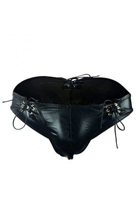 PTLLEND Ouverte Entrejambe Hommes Coupe ajustée en Cuir laqué Taille Basse Bouton G String Pantalon T Pantalon Lingerie Sexy 