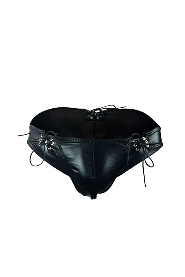 PTLLEND Ouverte Entrejambe Hommes Coupe ajustée en Cuir laqué Taille Basse Bouton G String Pantalon T Pantalon Lingerie Sexy 