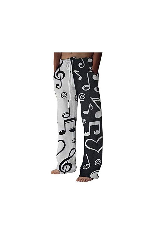 Pantalon en lin pour homme - Imprimé tête de mort - En coton - Style décontracté - Blanc - Coupe ample, A blanc., XL