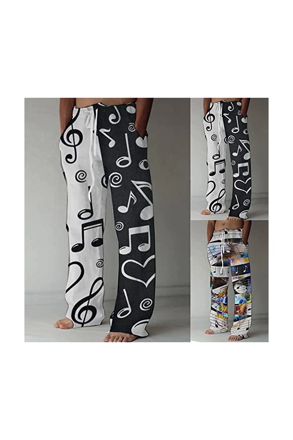 Pantalon en lin pour homme - Imprimé tête de mort - En coton - Style décontracté - Blanc - Coupe ample, A blanc., XL