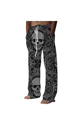 Gefomuofe Pantalon en lin pour homme - Imprimé tête de mort - Coupe longue et ample - Aspect lin - Avec poches - Cordon de se