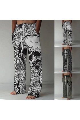 Gefomuofe Pantalon en lin pour homme - Imprimé tête de mort - Coupe longue et ample - Aspect lin - Avec poches - Cordon de se