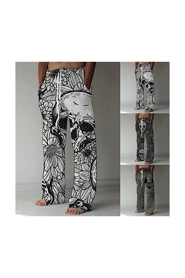 Gefomuofe Pantalon en lin pour homme - Imprimé tête de mort - Coupe longue et ample - Aspect lin - Avec poches - Cordon de se