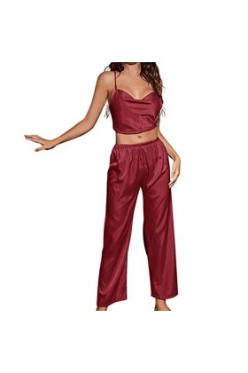 Nuisette sexy pour femme - Lingerie en satin - Lingerie sexy - Culotte de nuit - Pantalon - Pyjama sexy pour femme, rouge, XL