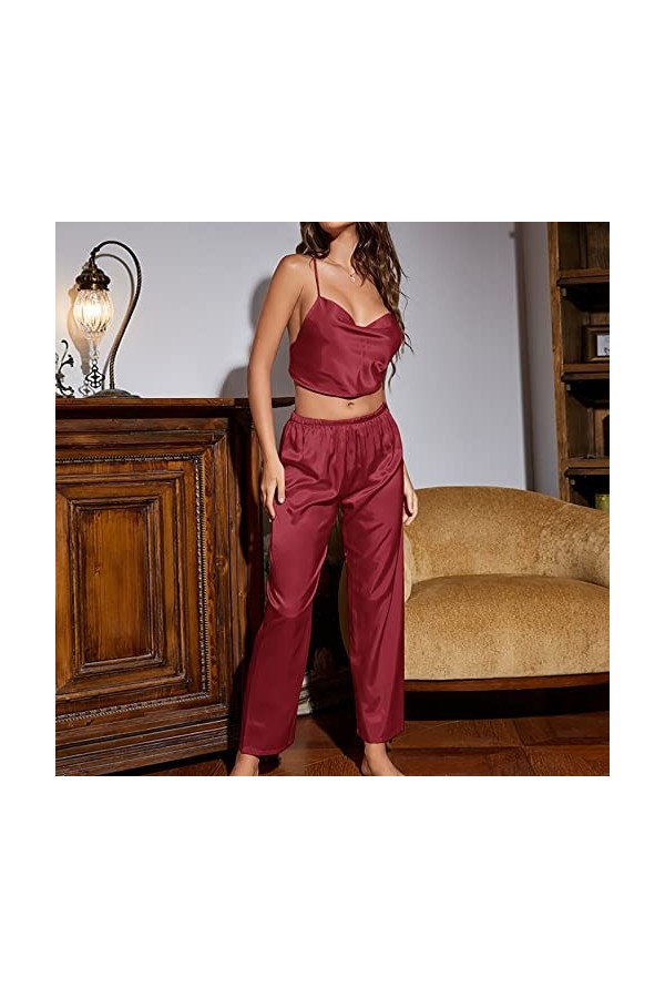 Nuisette sexy pour femme - Lingerie en satin - Lingerie sexy - Culotte de nuit - Pantalon - Pyjama sexy pour femme, rouge, XL