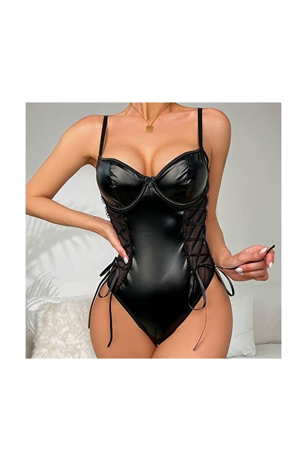 Tenue Sexy Femme Coquine Hot Latex Ouvert Cuir Culotte Hot Sex Transparente Chic Lingerie Sexy Cuir Ouverte Body Rouge Veteme