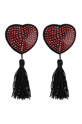 Paris Hollywood Nipple Cache-Tétons Cœur Noir Strass Rouge/Pompons Adhésif Réutilisable