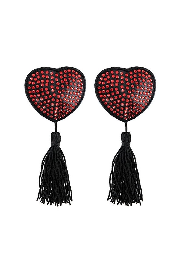 Paris Hollywood Nipple Cache-Tétons Cœur Noir Strass Rouge/Pompons Adhésif Réutilisable
