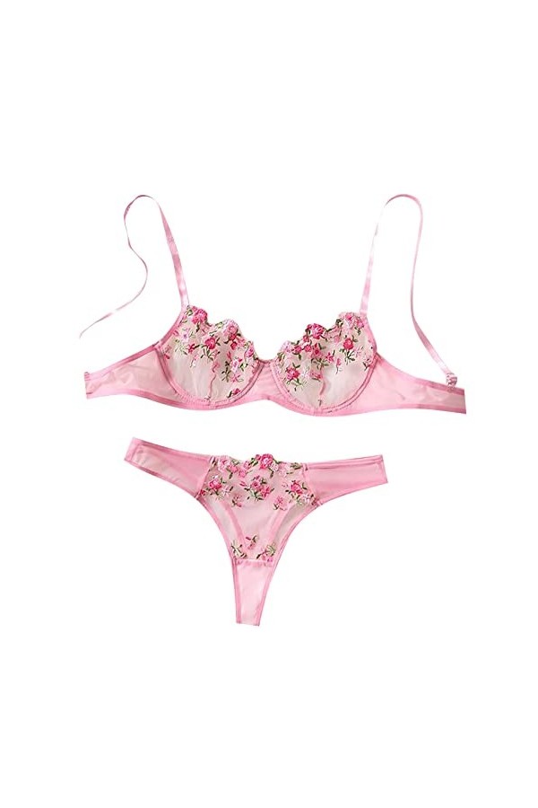 liaddkv Ensemble de lingerie sexy taille basse, broderie en dentelle et maille bleu métallisé, Rose, XL