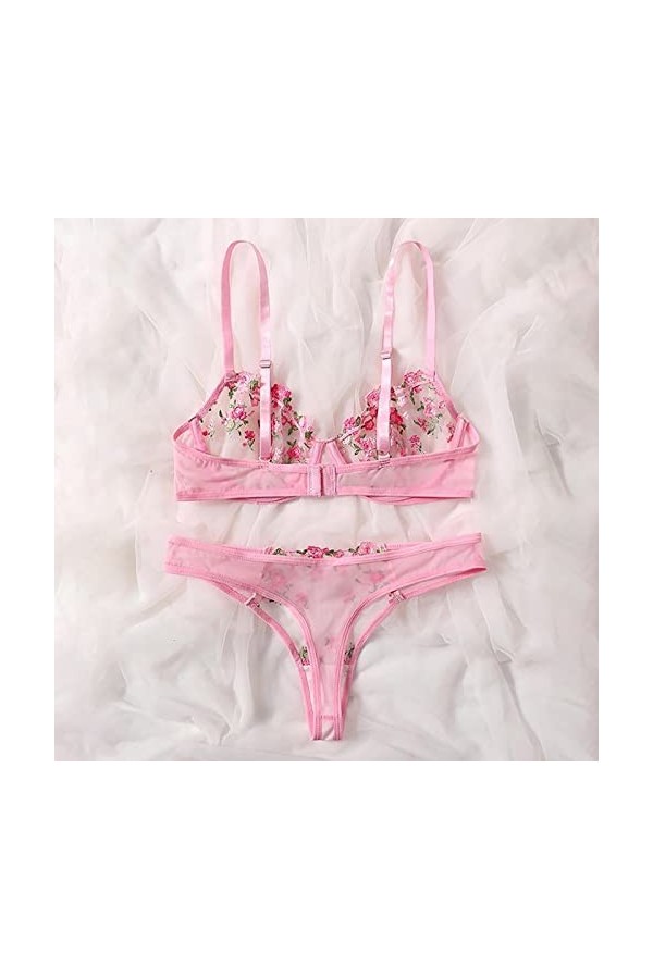 liaddkv Ensemble de lingerie sexy taille basse, broderie en dentelle et maille bleu métallisé, Rose, XL