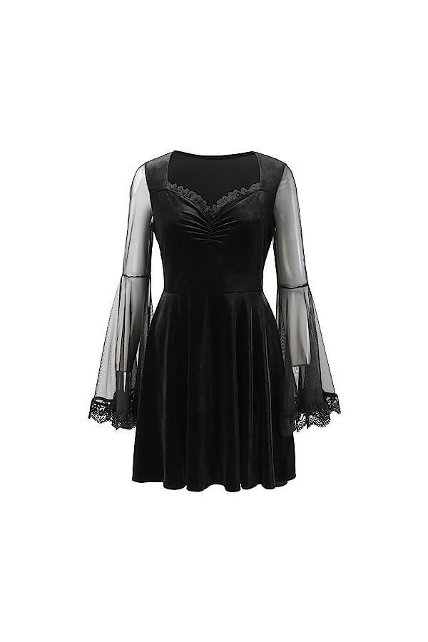 Robe Gothique Sexy pour Femme en Dentelle à Manches Longues et col en V Mini Jupe Cuir Sexy Black, XL 