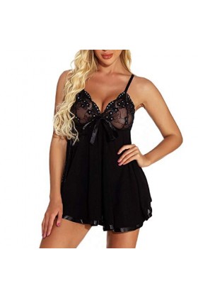 BIISDOST S-6XL Sexy Plus Pyjama Taille Dentelle vêtements de Nuit Lingerie vêtements de Nuit vêtements de Nuit Bow Body Noir 