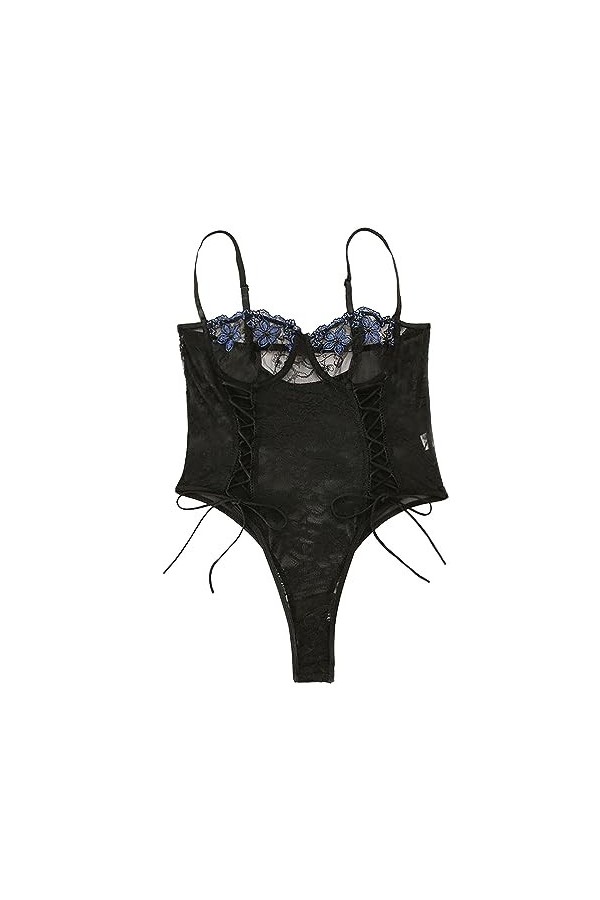Combinaison ultra fine sexy en maille avec bretelles transparentes et lingerie sexy, Noir , S