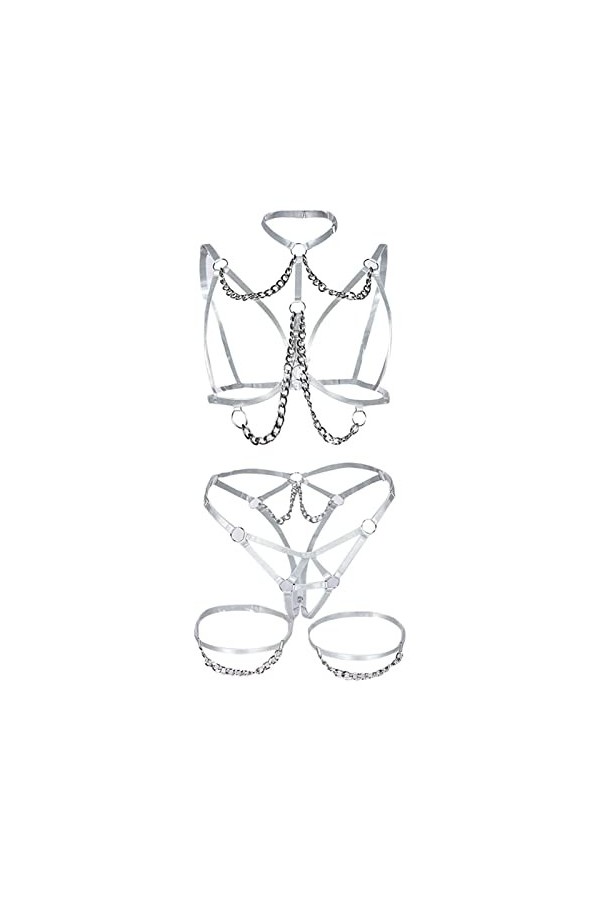 Vetements de Nuit Lingerie érotique Sexy Poitrine exposée Sangle métal chaîne jarretelle décorative Ensemble de Trois pièces 