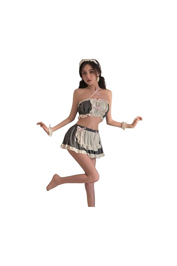 Temptshow Pyjama sexy à lacets pour femme - Motif chat mignon - Noir 3