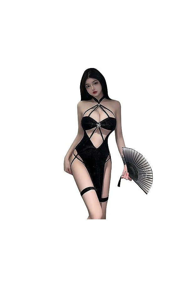 SINMIUANIME Cheongsam Lingerie sexy pour femme – Costume nuisette de style chinois Qipao 9954noir 