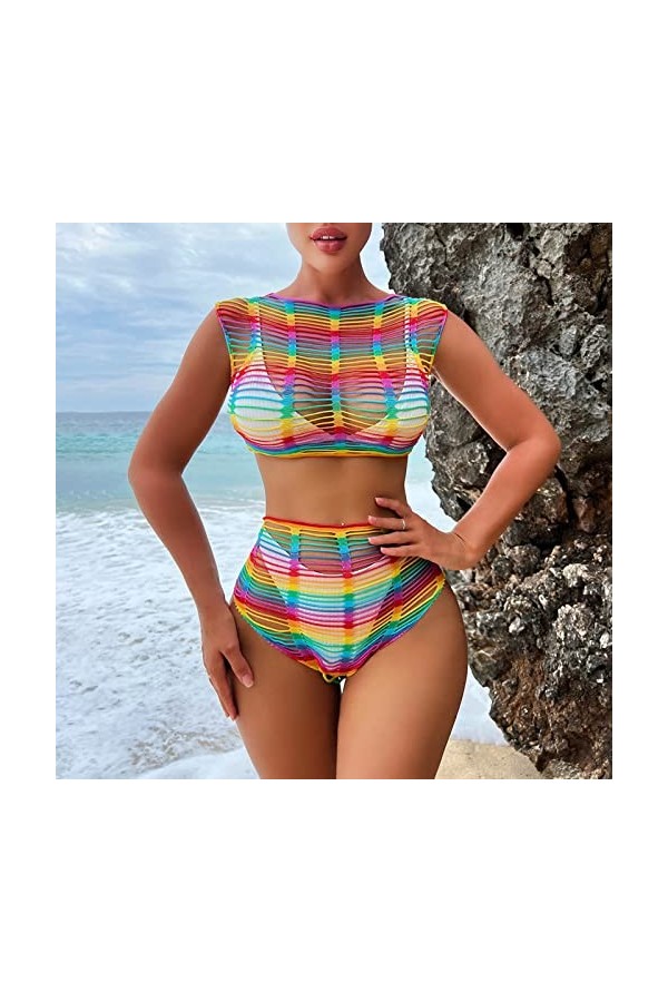 Veste de bikini de plage colorée pour femme, lingerie sexy, passion, résille, 2 pièces, Rose, taille unique