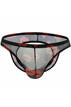 Yorggvel Slip sexy pour homme - Imprimé lèvres - Sous-vêtement érotique en maille fine - Semi-transparent - Pour le sexe - Re