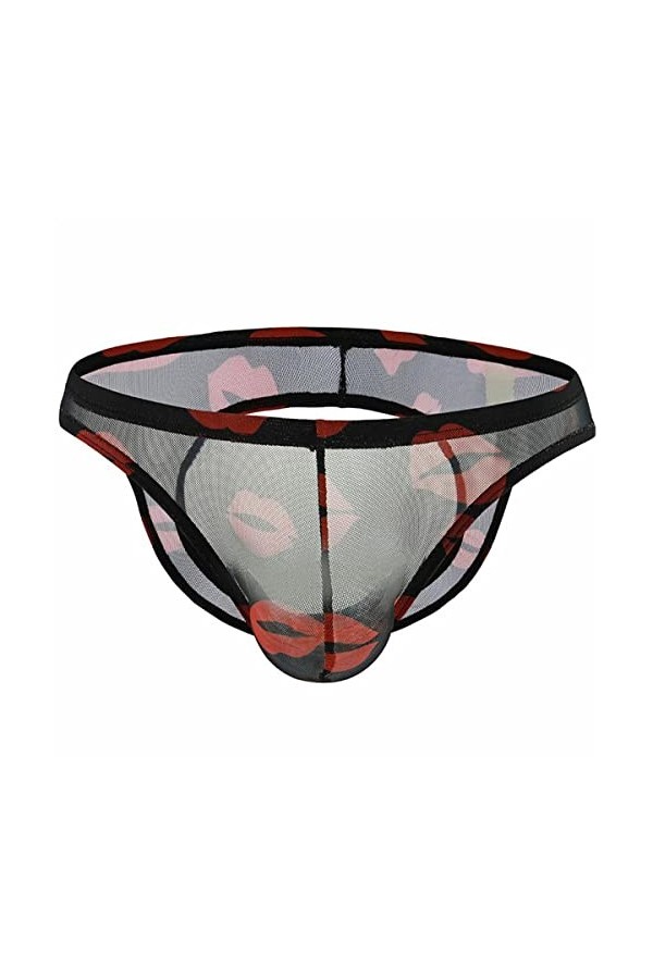 Yorggvel Slip sexy pour homme - Imprimé lèvres - Sous-vêtement érotique en maille fine - Semi-transparent - Pour le sexe - Re