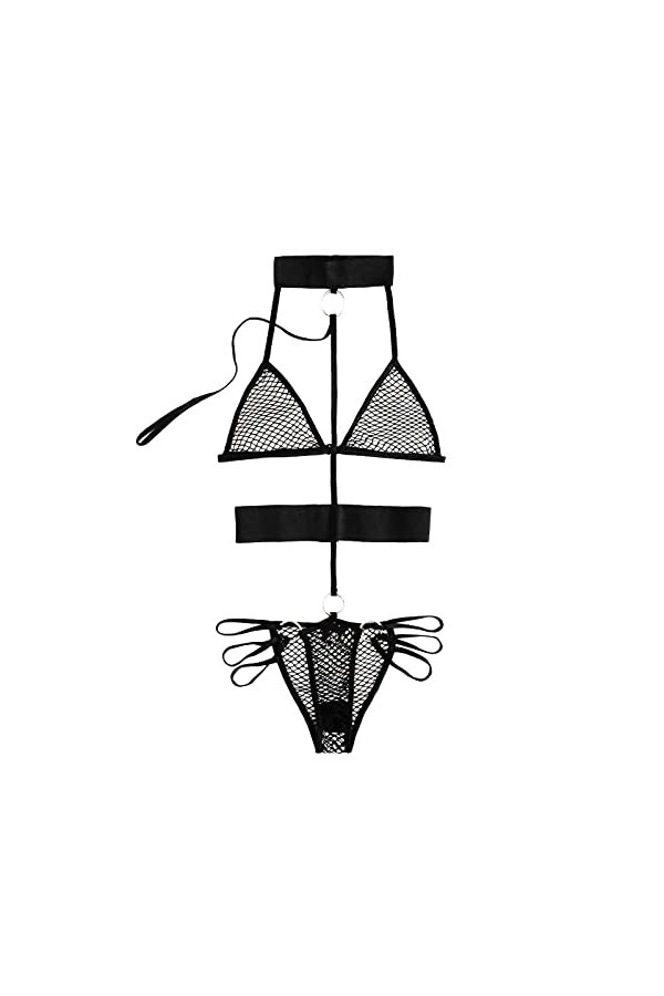 Combinaison ultra fine sexy en maille avec bretelles transparentes et lingerie sexy Noir, Noir , M