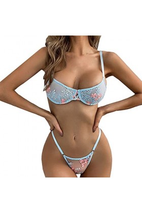 liaddkv Lot de 2 sous-vêtements sexy en dentelle pour femme, bleu clair, L