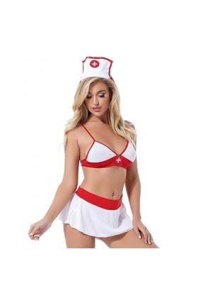 ROSVAJFY Sexy Lingerie Infirmière Roleplay Infirmière Costume Costume et Chapeau Uniforme Sous-vêtements Blanc Style 1 