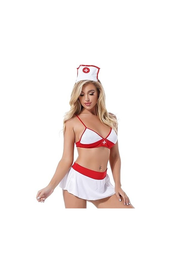ROSVAJFY Sexy Lingerie Infirmière Roleplay Infirmière Costume Costume et Chapeau Uniforme Sous-vêtements Blanc Style 1 
