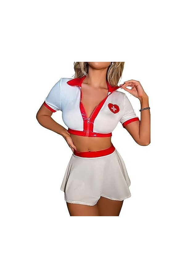 ROSVAJFY Sexy Lingerie Infirmière Roleplay Infirmière Costume Costume et Chapeau Uniforme Sous-vêtements Blanc Style 1 