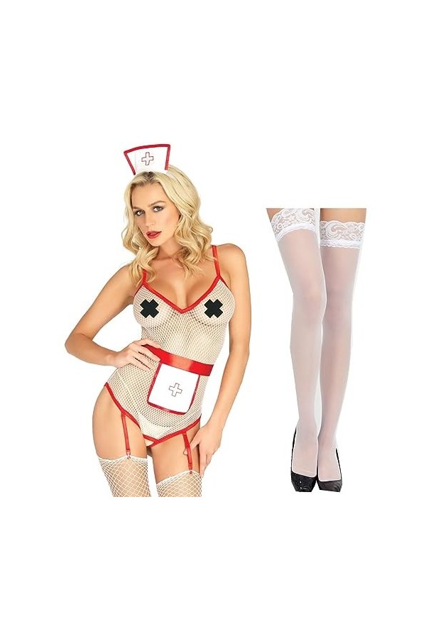 ROSVAJFY Sexy Lingerie Infirmière Roleplay Infirmière Costume Costume et Chapeau Uniforme Sous-vêtements Blanc Style 1 