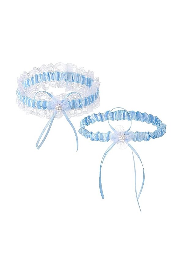 2 Pièces Jarretière En Dentelle Simple Style Bleue Jarretière De Mariage En Dentelle Stretch Jarretière De Mariée Noeud Papil
