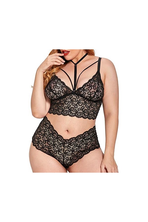 Lingerie Sexy Grande Taille col en V Taille Haute Dentelle Florale Soutien-Gorge croisé et Culotte Ensemble 2 pièces sans Arm