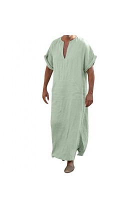 Mymyguoe Robe musulmane en lin à manches courtes pour homme - Robe de prière islamique - Couleur unie - Robe décontractée - D