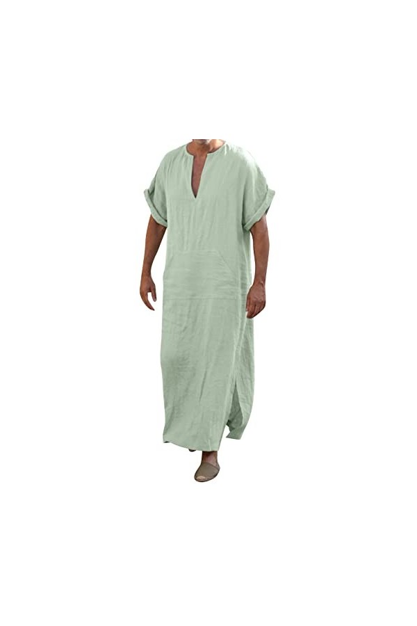Mymyguoe Robe musulmane en lin à manches courtes pour homme - Robe de prière islamique - Couleur unie - Robe décontractée - D