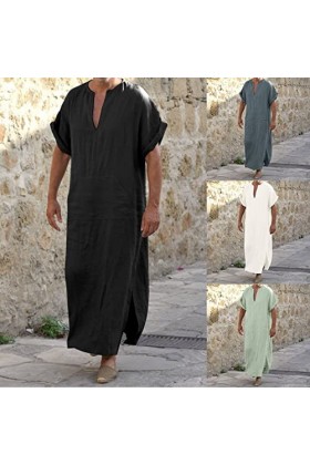 Mymyguoe Robe musulmane en lin à manches courtes pour homme - Robe de prière islamique - Couleur unie - Robe décontractée - D