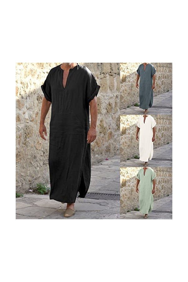 Mymyguoe Robe musulmane en lin à manches courtes pour homme - Robe de prière islamique - Couleur unie - Robe décontractée - D