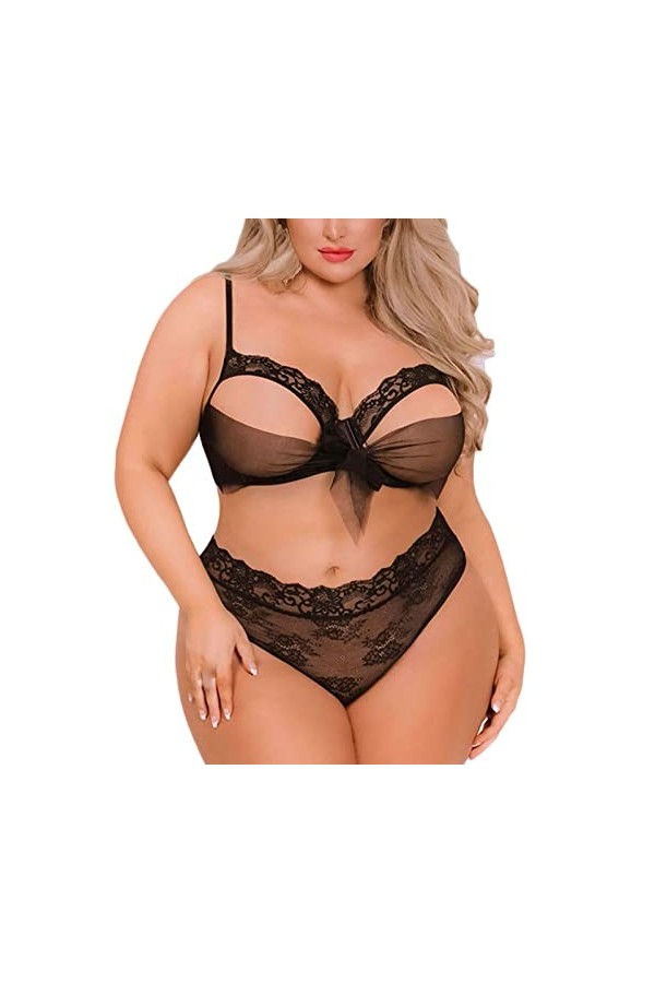 Générique Femmes Plus Size Sexy Hollow Bowknot Soutien-Gorge sans Fil + Slip Lingerie Ensemble de sous-vêtements Menstruelle 