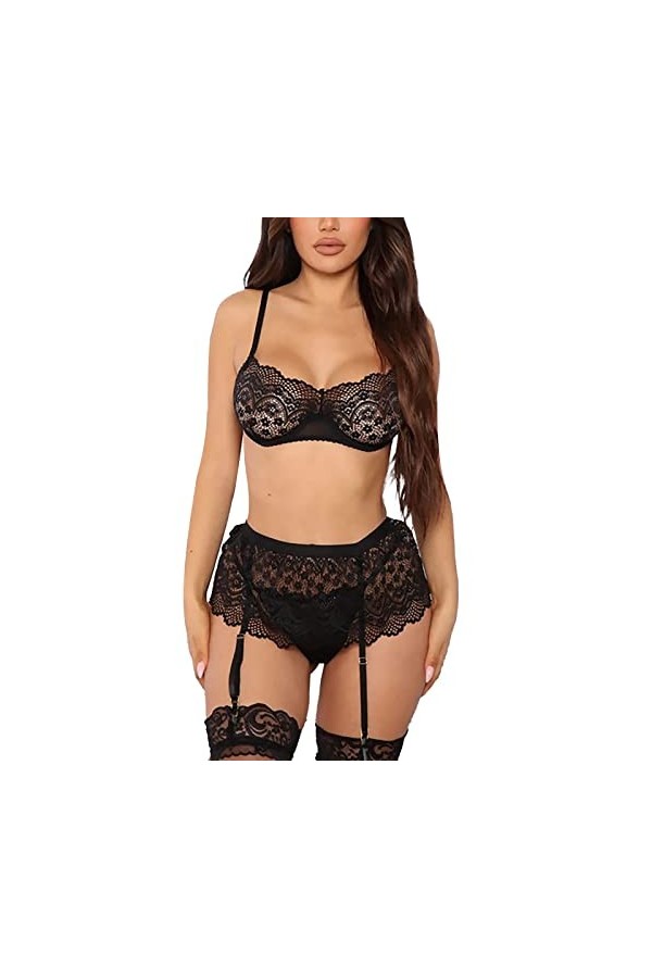 MODSGUE Ensemble de lingerie avec porte-jarretelles - Lingerie sexy - 2 pièces - Culotte érotique en dentelle - Mode négligé 