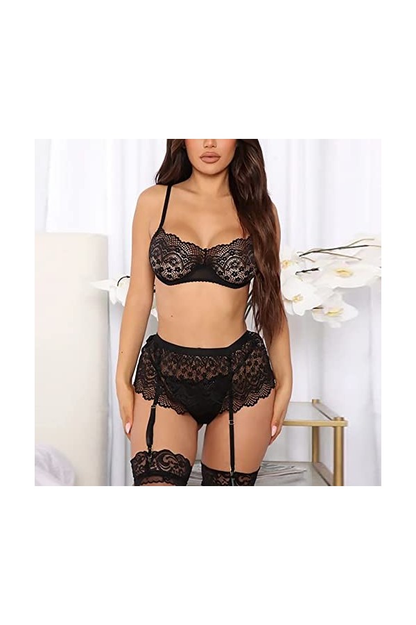 MODSGUE Ensemble de lingerie avec porte-jarretelles - Lingerie sexy - 2 pièces - Culotte érotique en dentelle - Mode négligé 
