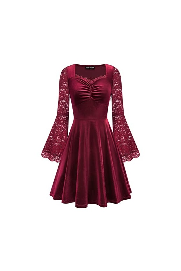 SCARLET DARKNESS Robe gothique en dentelle à lacets et manches courtes pour femme, Vin rouge manches longues, S