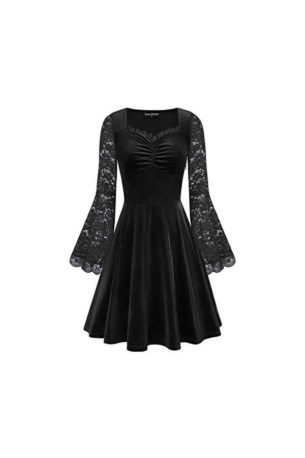 SCARLET DARKNESS Robe gothique en dentelle à lacets et manches courtes pour femme, Vin rouge manches longues, S